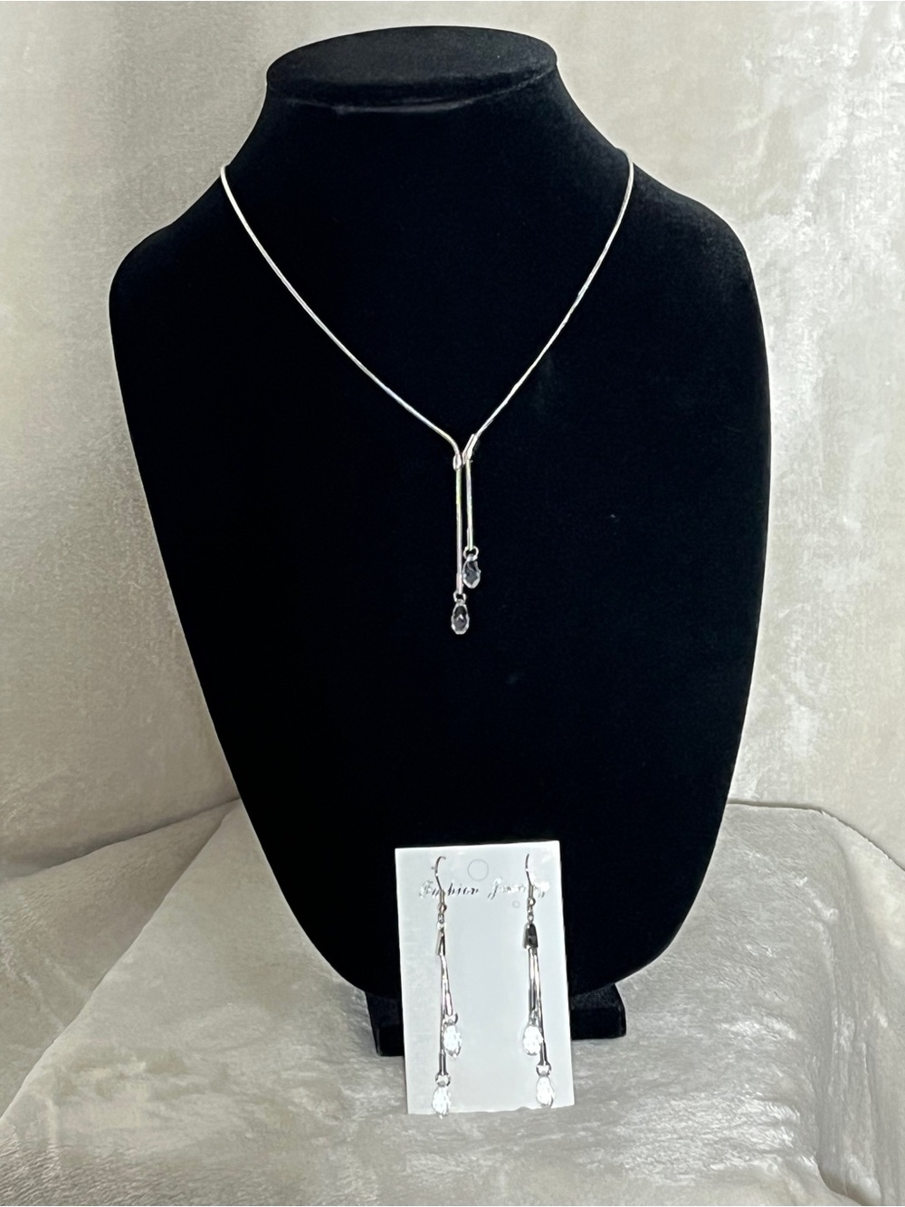 Delicate Lariat Necklace & Matching Drop Earrings - Stainless Steel & Crystaline